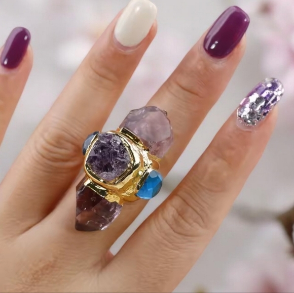 New Chunky Natural Rough Amethyst Tourmaline Huge Statement Ring - Picture 1 of 4